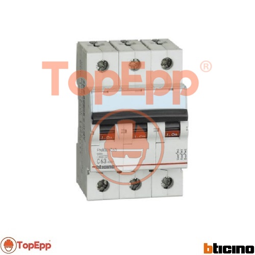 Interruptor Termomagnetico 3 X 63 A - 10 K A 220 V - Tipo C Din BTDIN - Cod FN830YC63 - BTICINO - TopEpp S.A.C..