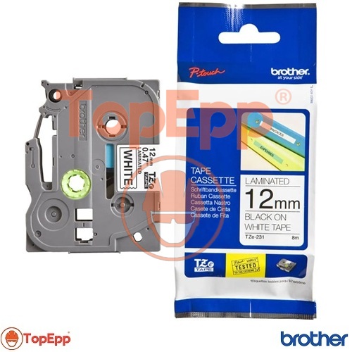 Cinta laminada - Mod TZE231 - 12 mm de ancho x 8 mt - Texto negro sobre fondo blanco - Brother - TopEpp S.A.C..